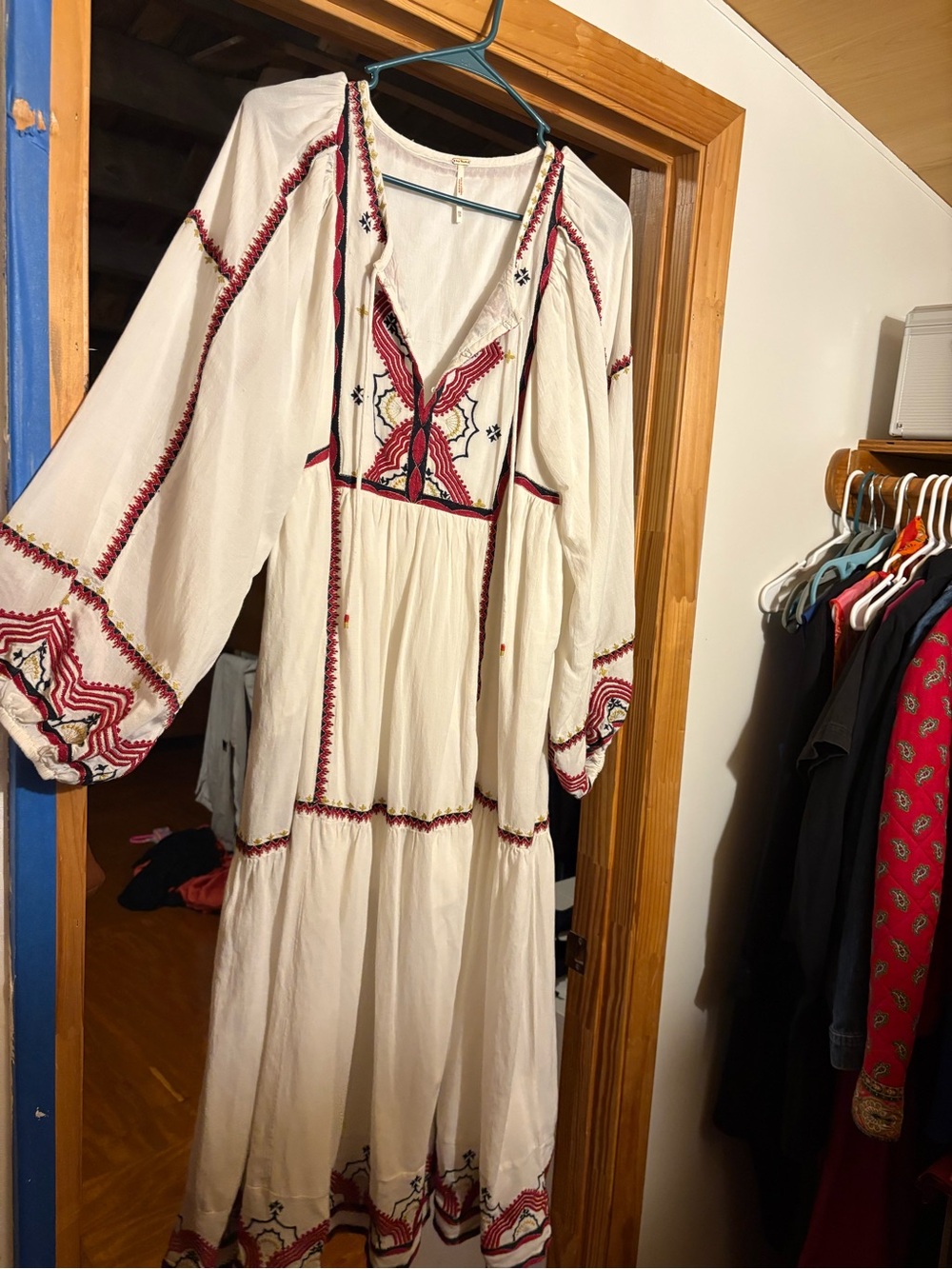 Free People White Maxi Dress with Red Embroidery